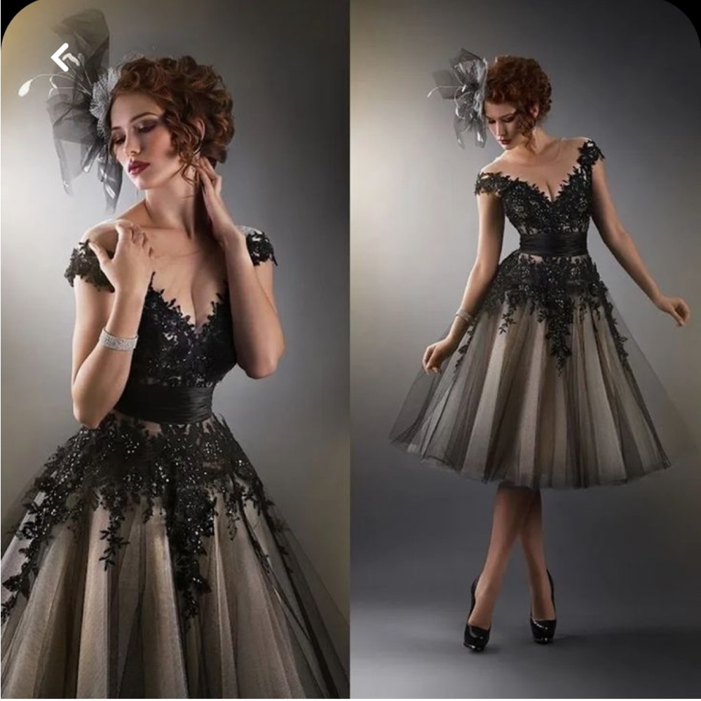 Elegant Black Applique Lace Tea-length Dress